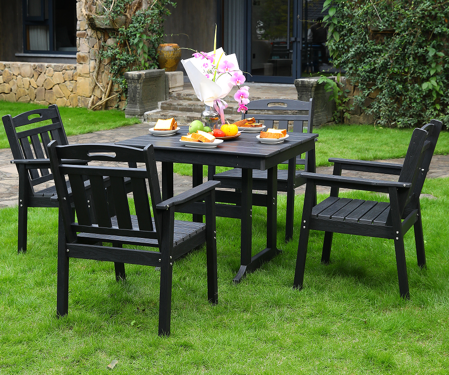 HDPE outdoor dining chair 4 chairs + square table set black vertical backrest
