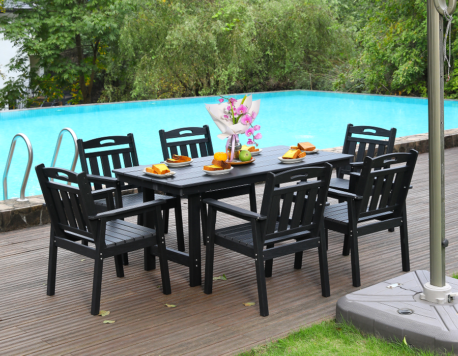 HDPE outdoor dining chair set of 6 chairs + rectangular table black vertical backrest