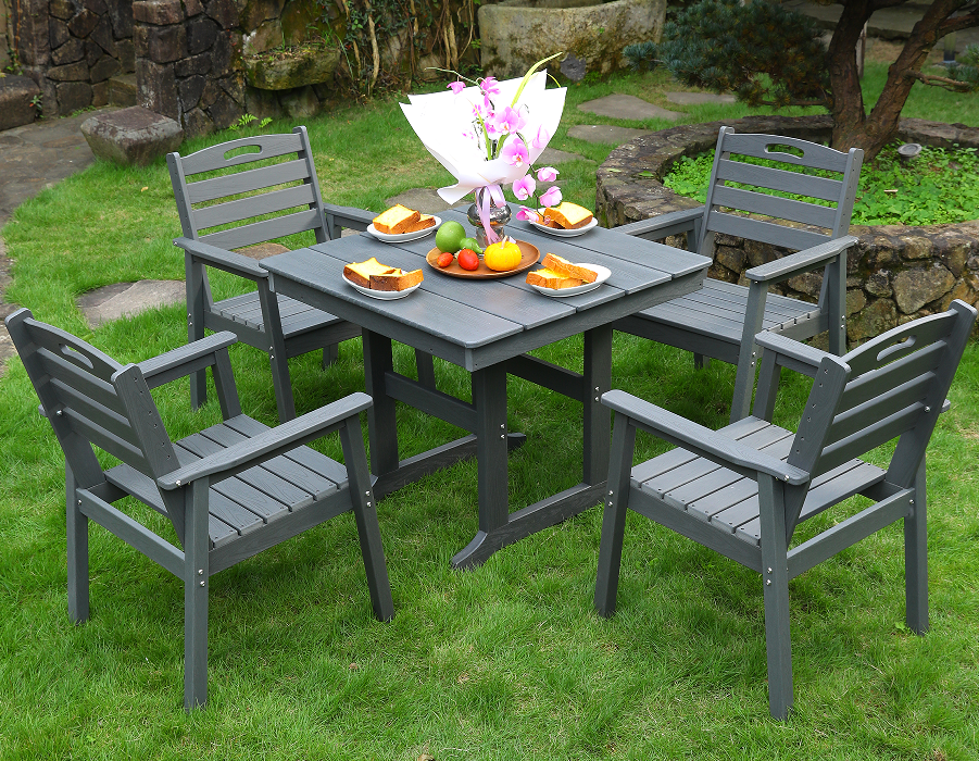 HDPE outdoor dining chair 4 chairs + square table set gray horizontal backrest