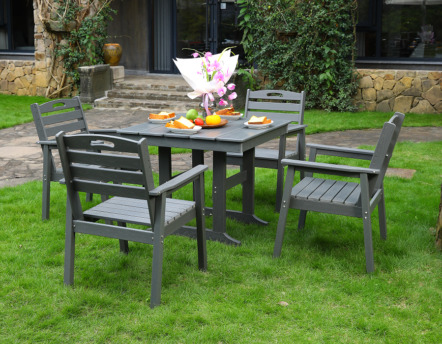 HDPE outdoor dining chair 4 chairs + square table set gray horizontal backrest