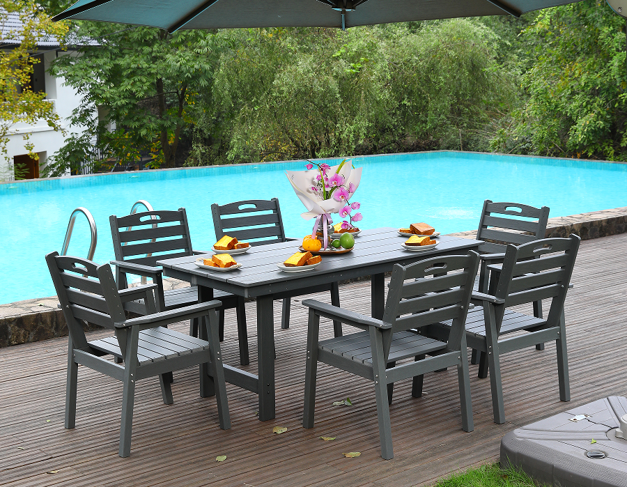 HDPE outdoor dining chair set of 6 chairs + rectangular table gray horizontal backrest