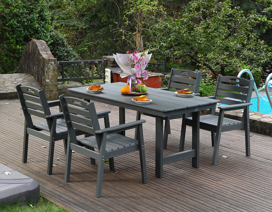 HDPE outdoor dining chair set 4 chairs + rectangular table gray horizontal backrest