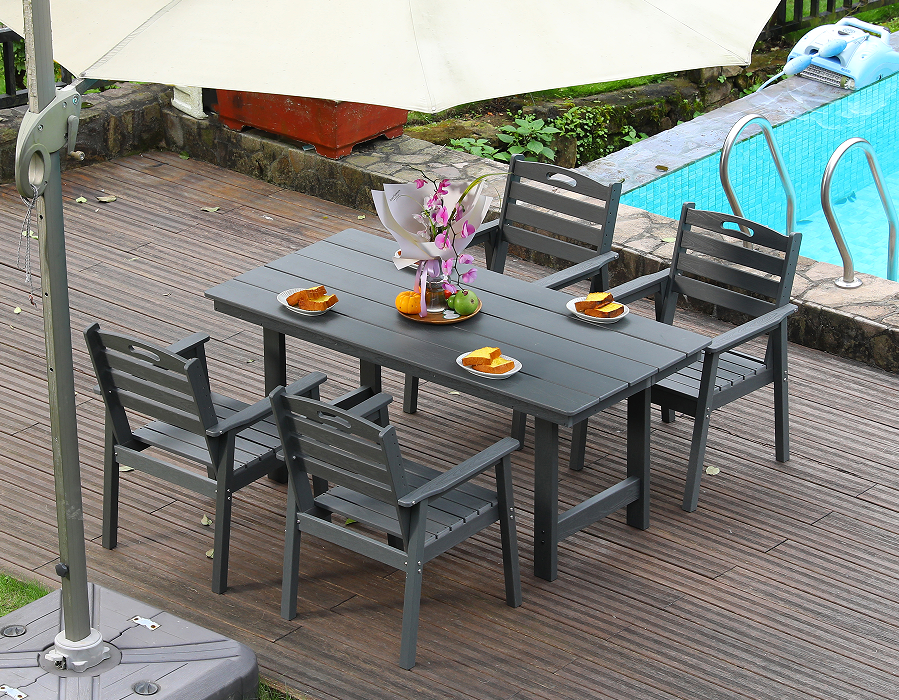 HDPE outdoor dining chair set 4 chairs + rectangular table gray horizontal backrest