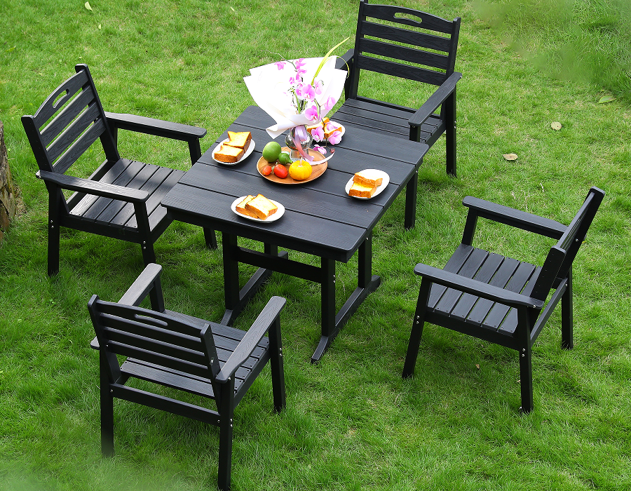 HDPE outdoor dining chair 4 chairs + square table set black horizontal backrest