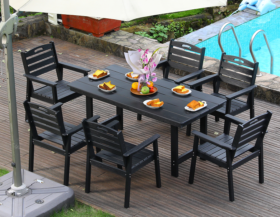 HDPE outdoor dining chair set of 6 chairs + rectangular table black horizontal backrest