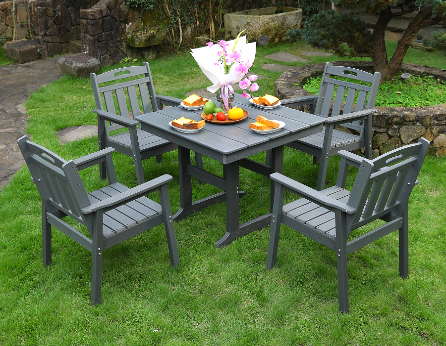 HDPE outdoor dining chair 4 chairs + square table set gray vertical backrest