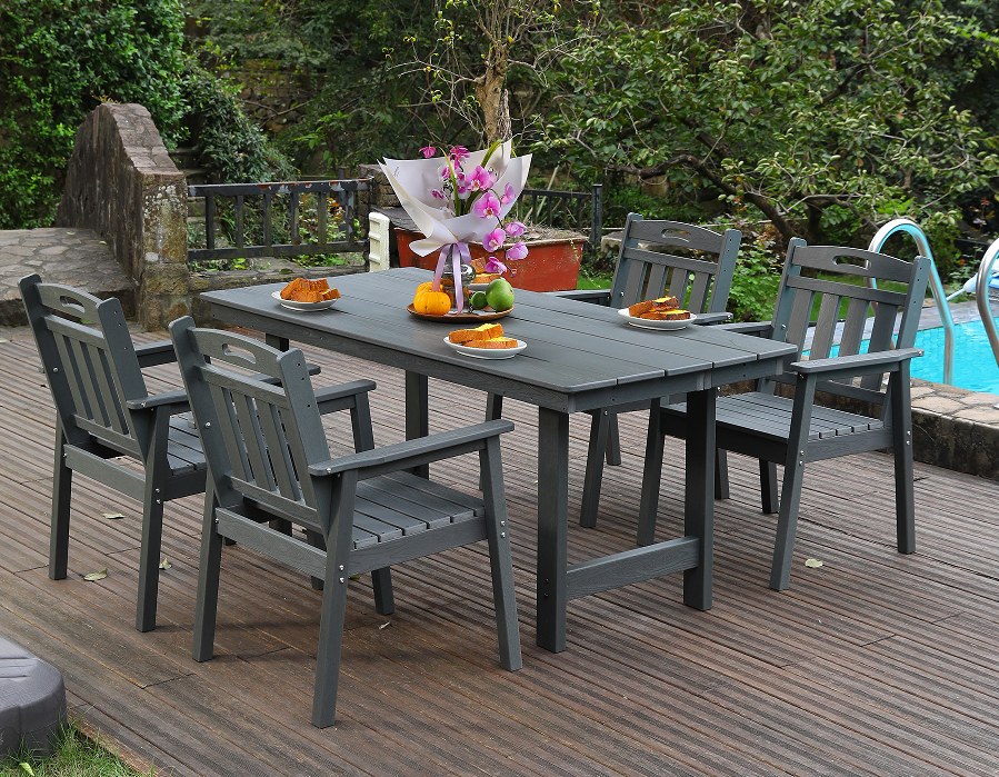 HDPE outdoor dining chair set 4 chairs + rectangular table gray vertical backrest
