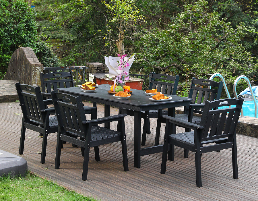 HDPE outdoor dining chair set of 6 chairs + rectangular table black vertical backrest