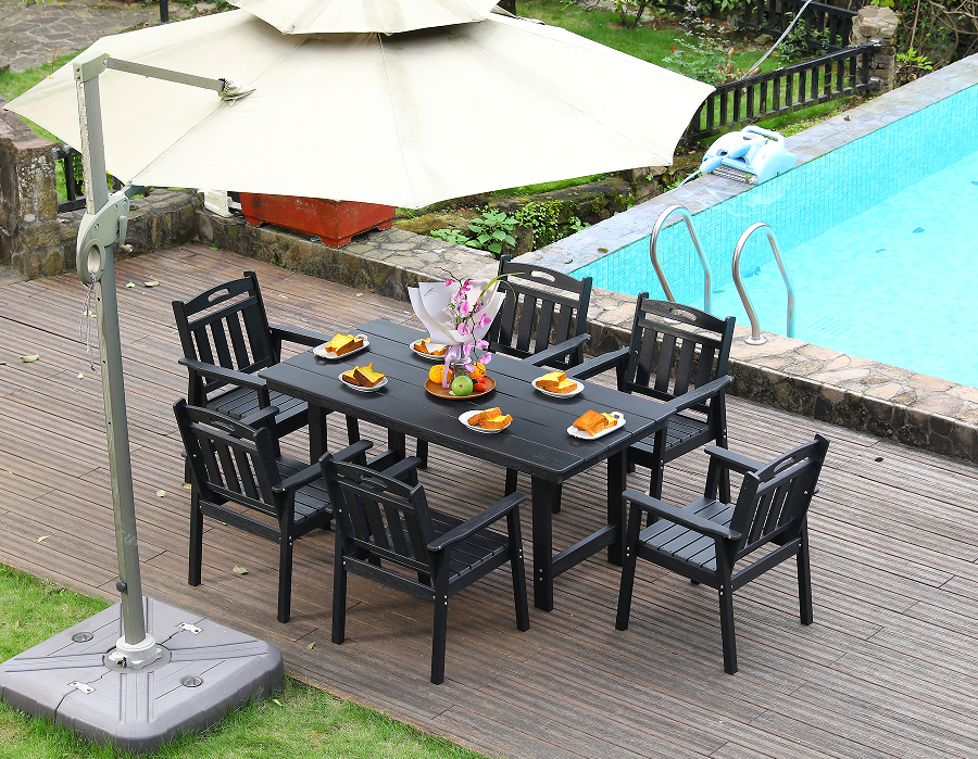 HDPE outdoor dining chair set of 6 chairs + rectangular table black vertical backrest