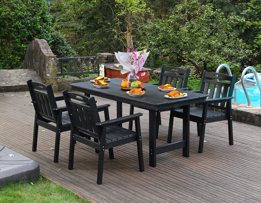 HDPE outdoor dining chair set 4 chairs + rectangular table black vertical backrest